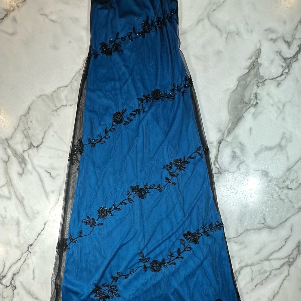Blue with Black Overlay Dress - Black Beading Gown